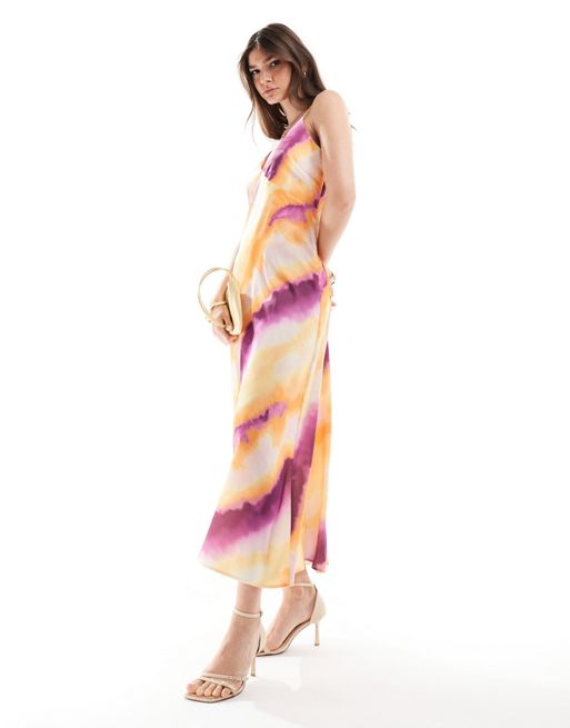 Y.A.S satin v neck maxi dress in sunset watercolour stripe