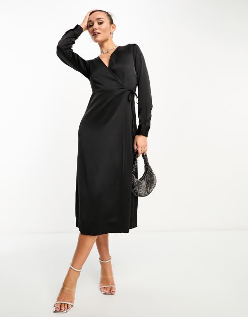 YAS satin wrap maxi dress in black - BLACK, 4 of 4