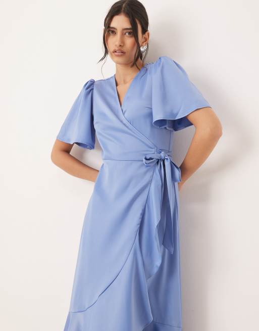 YAS satin wrap midi dress in blue