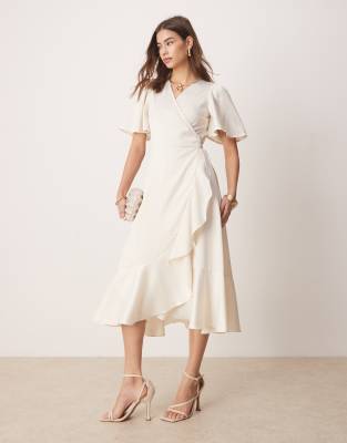 satin wrap midi dress in gardenia white