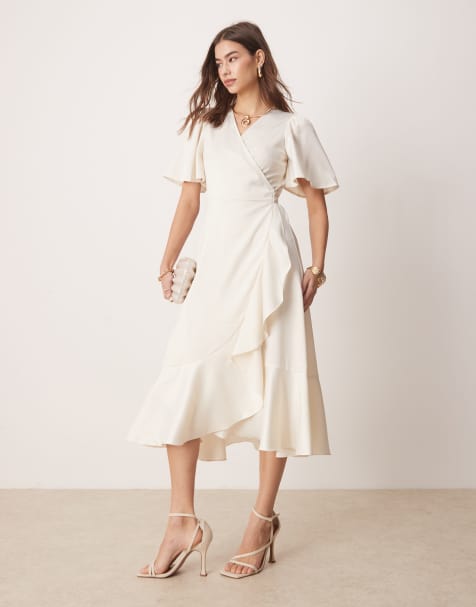 YAS satin wrap midi dress in gardenia white - view 1