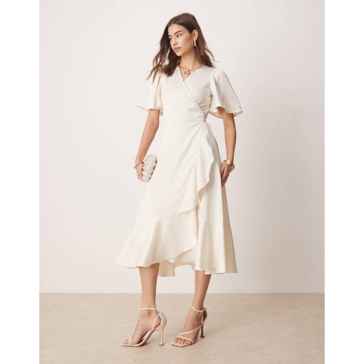 YAS satin wrap midi dress in gardenia white | ASOS