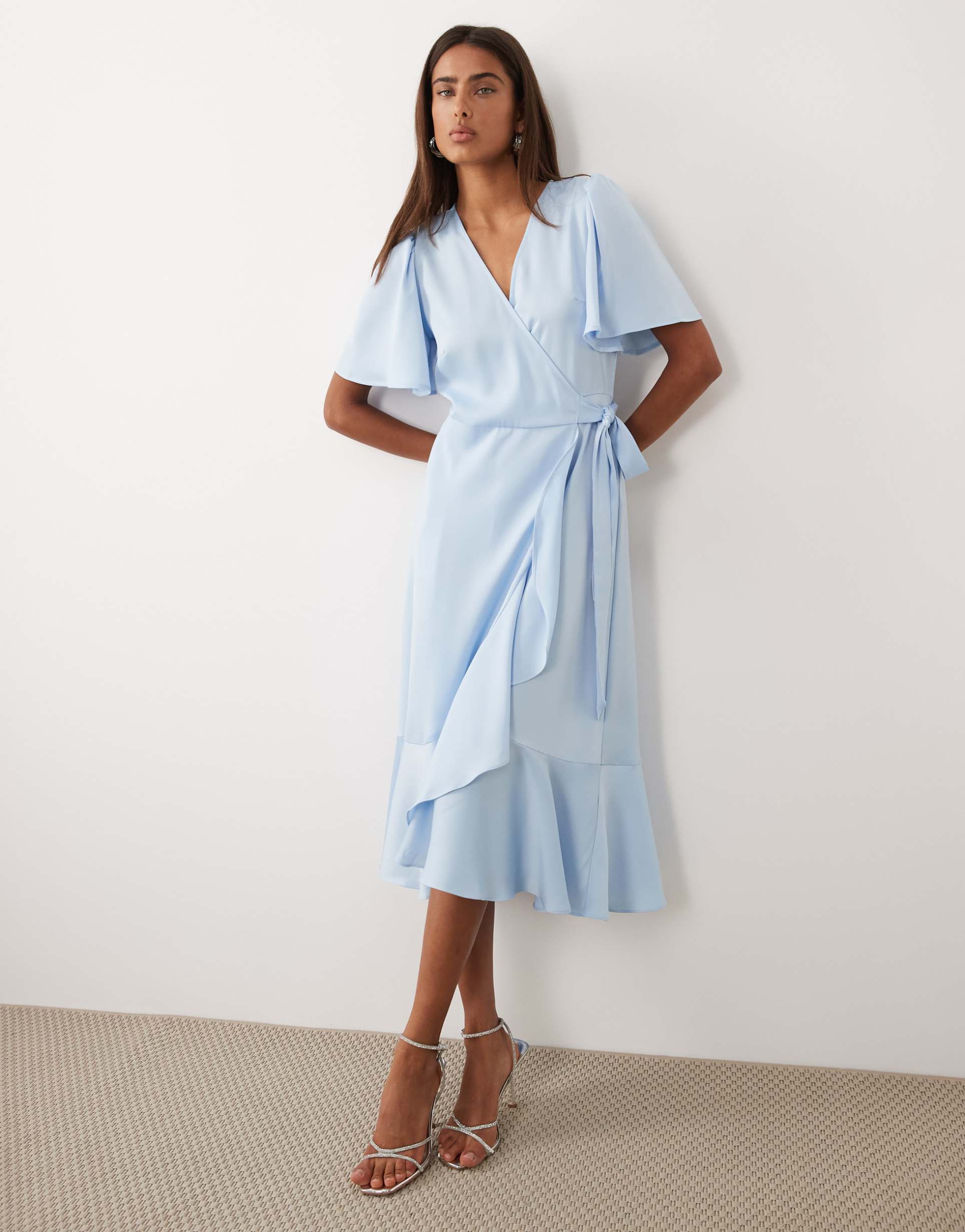 yas satin wrap midi dress in light blue