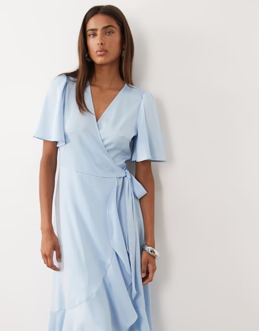 YAS satin wrap midi dress in light blue, 2 of 4