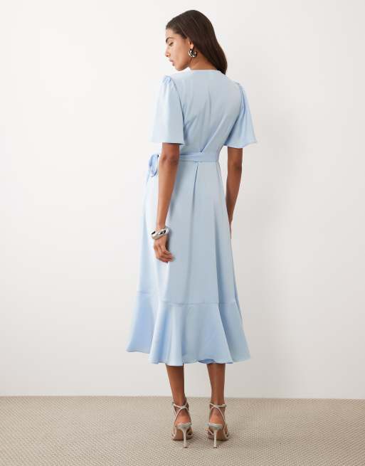 YAS satin wrap midi dress in light blue, 4 of 4