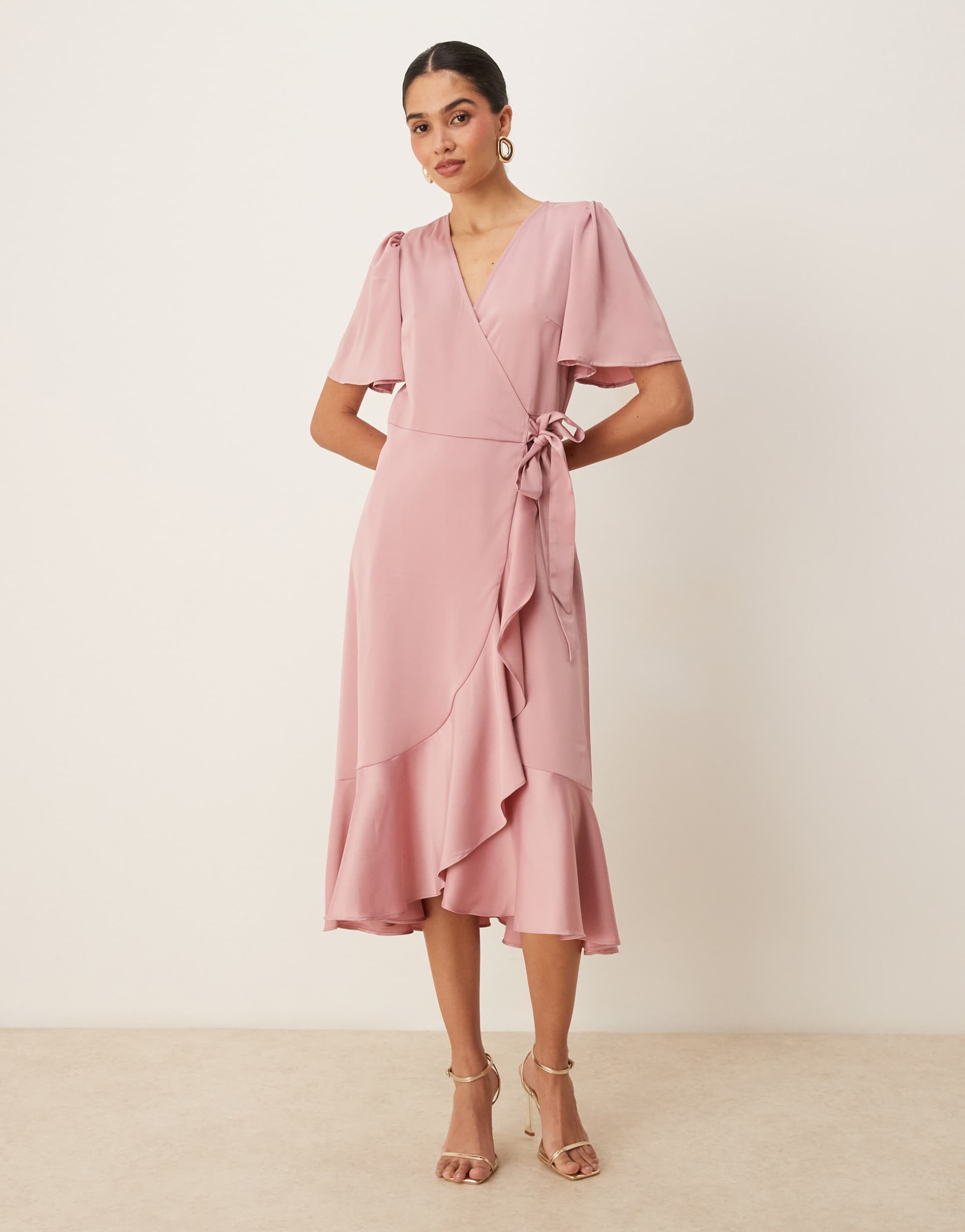 yas satin wrap midi dress in lilas pink