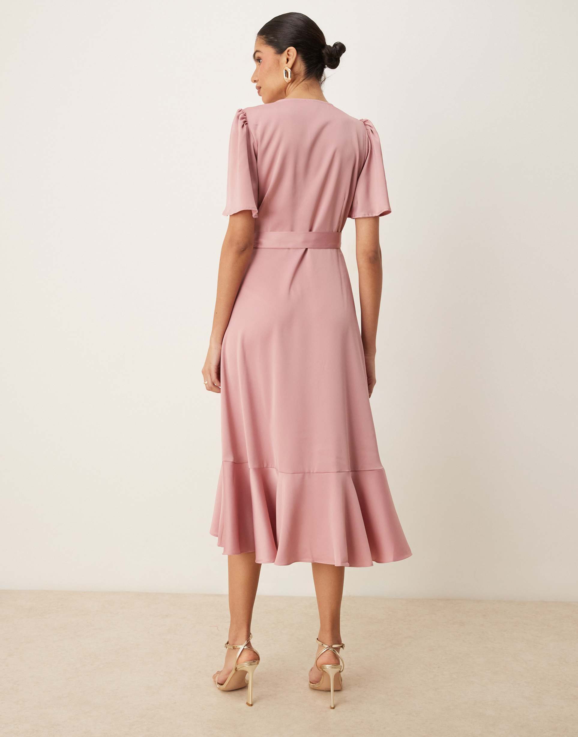 yas satin wrap midi dress in lilas pink