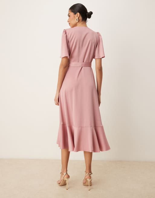 YAS satin wrap midi dress in lilas pink, 4 of 4