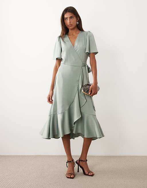 knee length dresses for ladies Sage Green Bandeau Satin Midi Dress – Gabi Swimwear