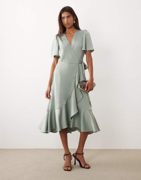 YAS satin wrap midi dress in sage green