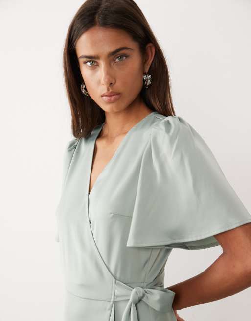 YAS satin wrap midi dress in sage green, 3 of 4