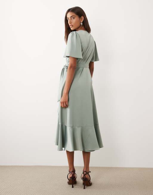 YAS satin wrap midi dress in sage green, 4 of 4