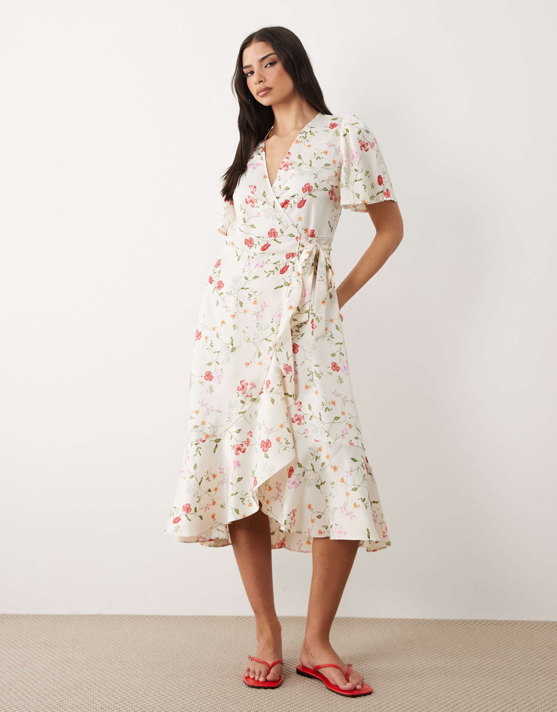 yas satin wrap midi dress in white garden floral print