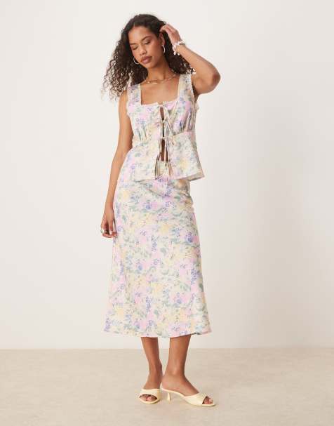 YAS satin midi skirt co-ord in meadow floral print