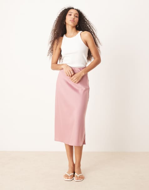 YAS satin midi skirt in lilas pink