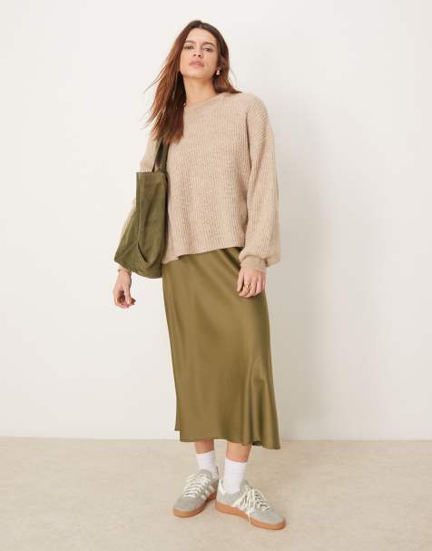 YAS satin midi skirt in olive green