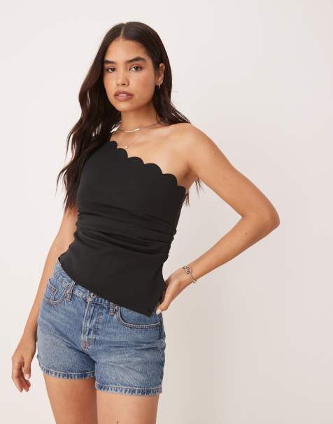 YAS scallop detail premium structured jersey top in black - view 1