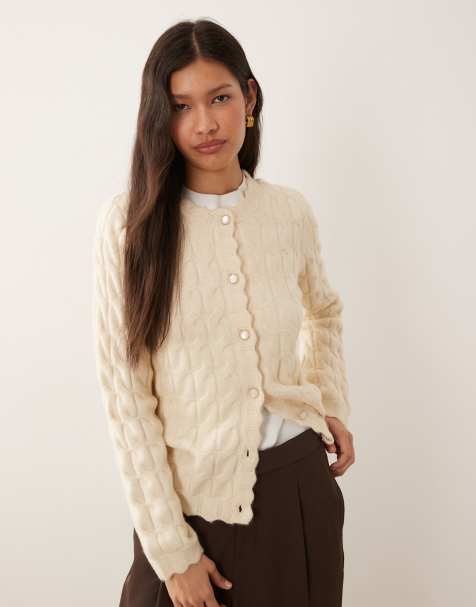 YAS scallop trim textured cardigan in cream - view 1