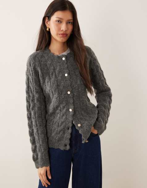 YAS scallop trim textured cardigan in dark heather gray - view 1