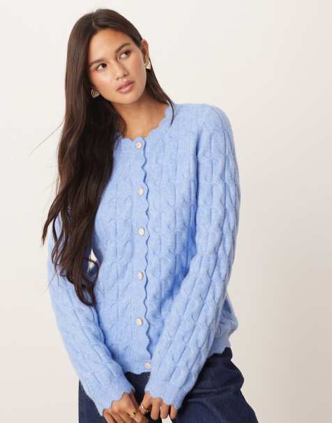 YAS scallop trim textured cardigan in light blue - view 1
