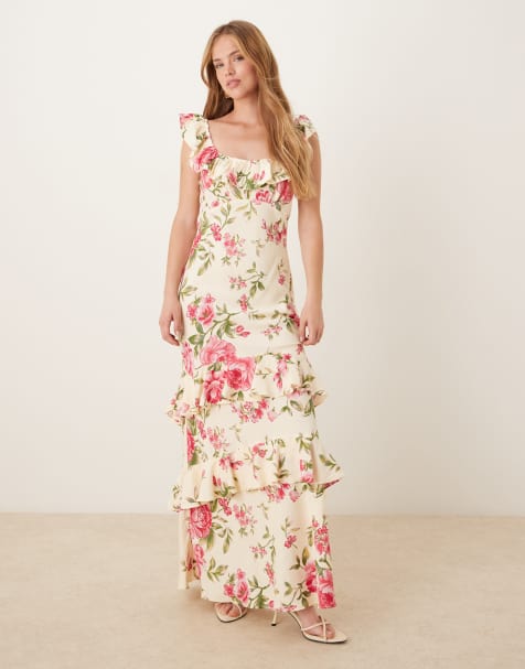 YAS – Schulterfreies Midikleid in Creme mit Rüschen und rosa Blumenmuster - view 1