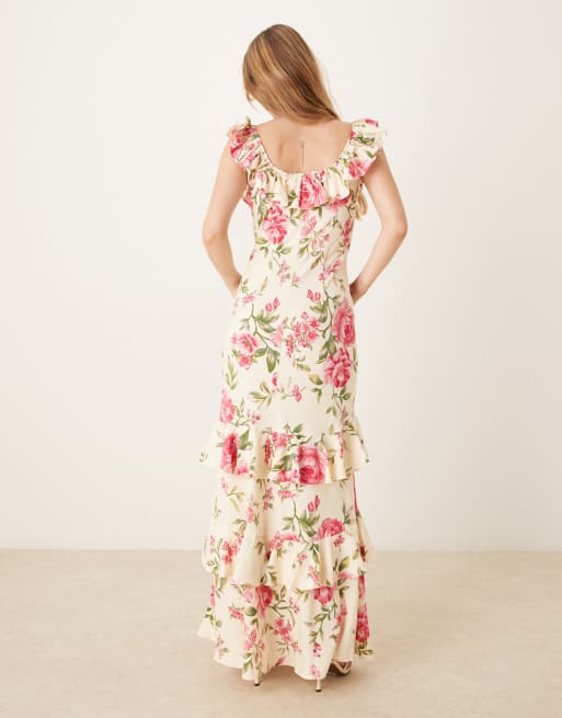 YAS – Schulterfreies Midikleid in Creme mit Rüschen und rosa Blumenmuster, 3 von 4
