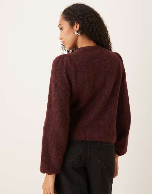 YAS – Sehr weiche Strickjacke in Burgunderrot mit Schleifendetail und Wollanteil, 3 von 4