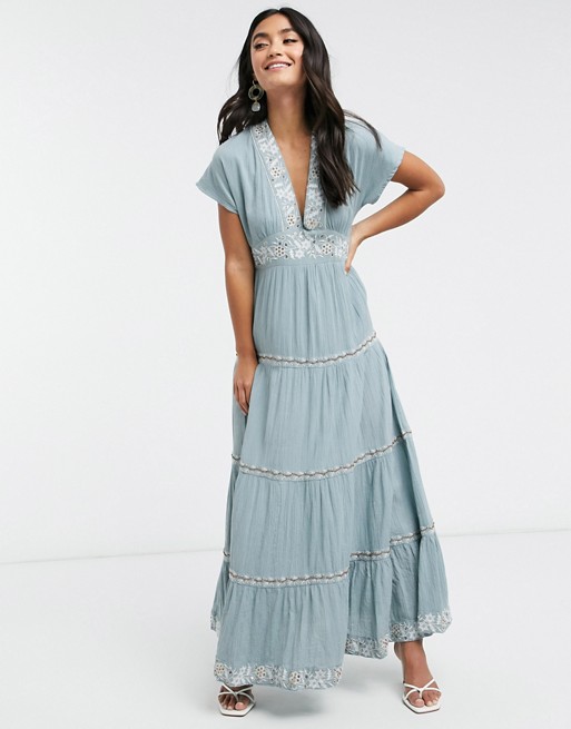 Y.A.S. Selma embroidered tiered maxi dress in blue
