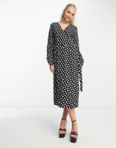 ASOS DESIGN Curve tiered midi wrap dress with puff sleeve in black