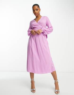YAS Y.A.S selma long sleeve v neck wrap midi dress in lilac-Purple