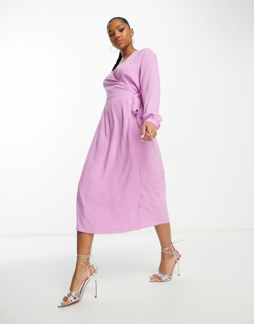 Y.A.S selma long sleeve v neck wrap midi dress in lilac ASOS