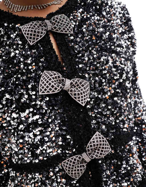 YAS sequin and rhinestone bow extravaganza jacket in black, 2 of 4
