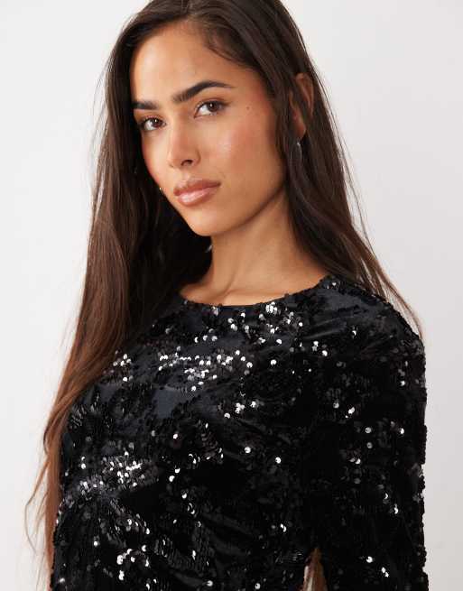 YAS sequin and velvet mini dress in black, 2 of 4