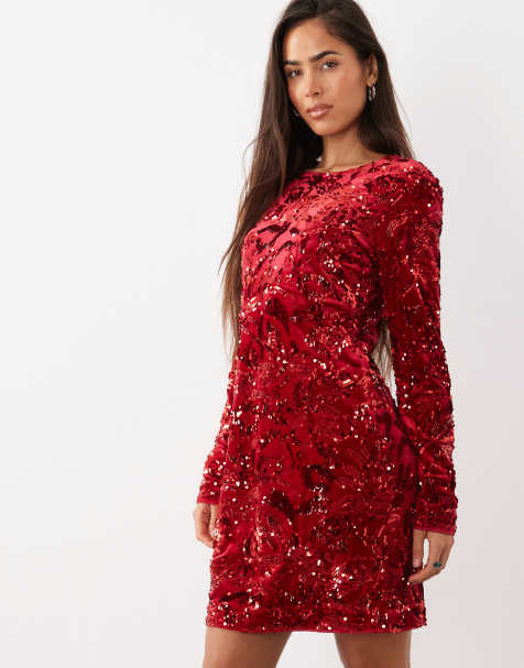 YAS sequin and velvet mini dress in red