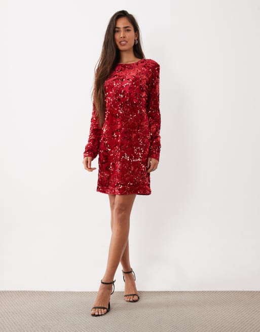YAS sequin and velvet mini dress in red, 2 of 4