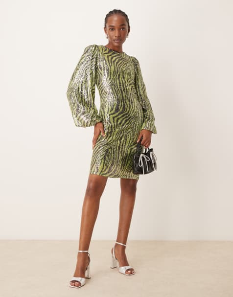 YAS sequin mini dress in green zebra - view 1