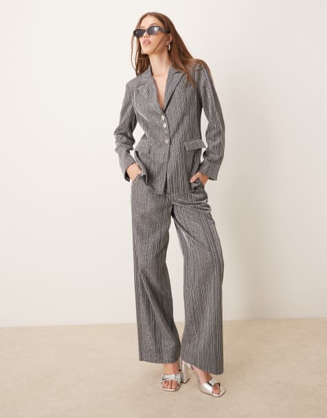 YAS - Set van elegante aansluitende nette blazer en broek met hoge taille en glitter in zilver - view 1