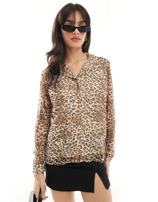 Y.A.S sheer open neck chuck on shirt in leopard print