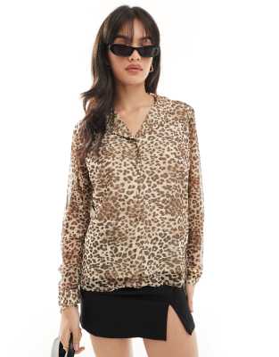 YAS Y.A.S sheer open neck chuck on shirt in leopard print-Multi