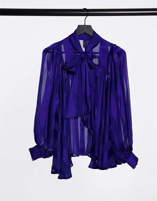 Y.A.S sheer shirt with pussybow in cobalt blue