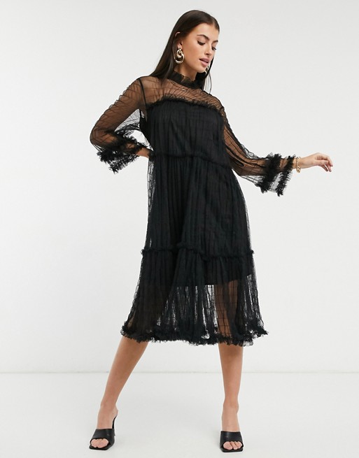 Y.A.S sheer smock dress with high neck and ruffle trims in black