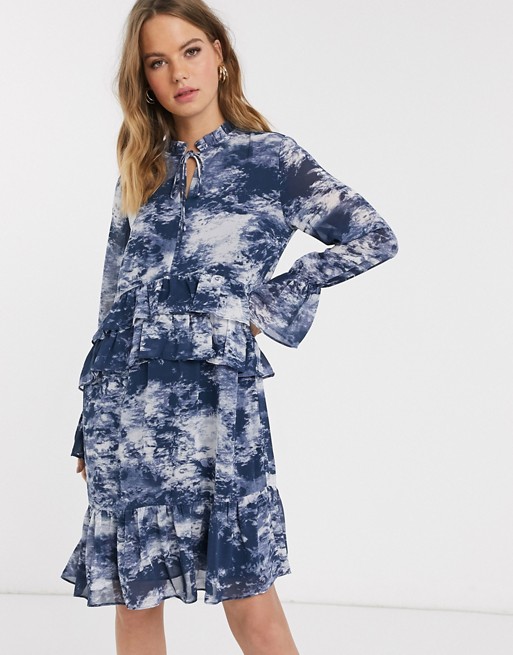 Y.A.S shift dress with drop hem and ruffle trims in blue marble print