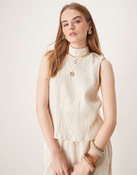 YAS shimmer crinkle high neck sleeveless top co-ord in sandshell - view 1