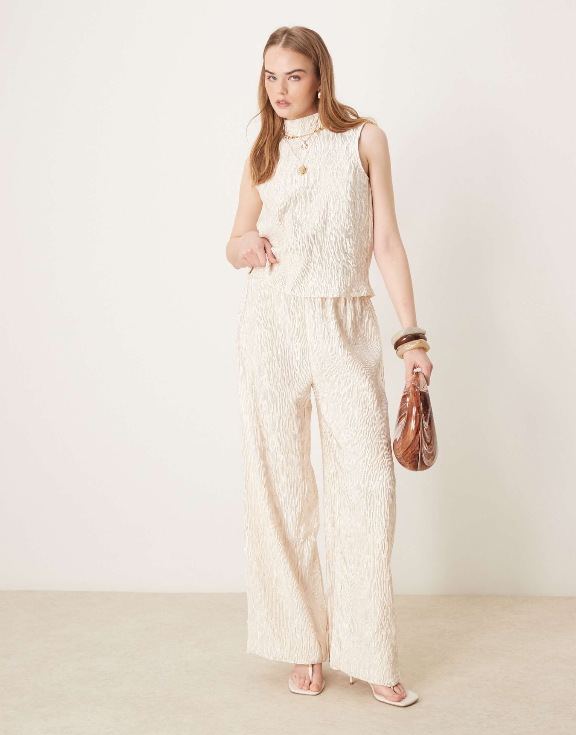 yas shimmer crinkle wide leg pants in sandshell - part of a set