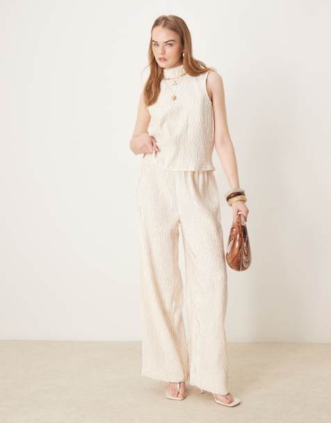 YAS shimmer crinkle wide leg trouser co-ord in sandshell