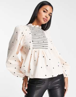 Y.A.S shirred blouse in cream heart print