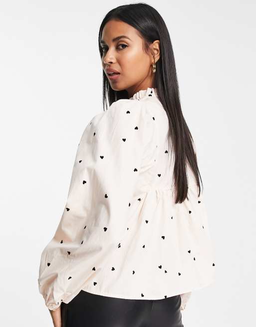 Y.A.S shirred blouse in cream heart print, 2 of 4