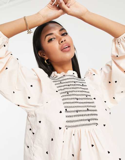 Y.A.S shirred blouse in cream heart print, 3 of 4