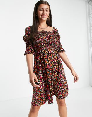 Y.A.S shirred bodice midi dress in floral-Multi