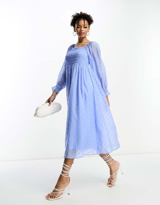 Y.A.S shirred bodice smock midi dress in blue dobby mesh ASOS
